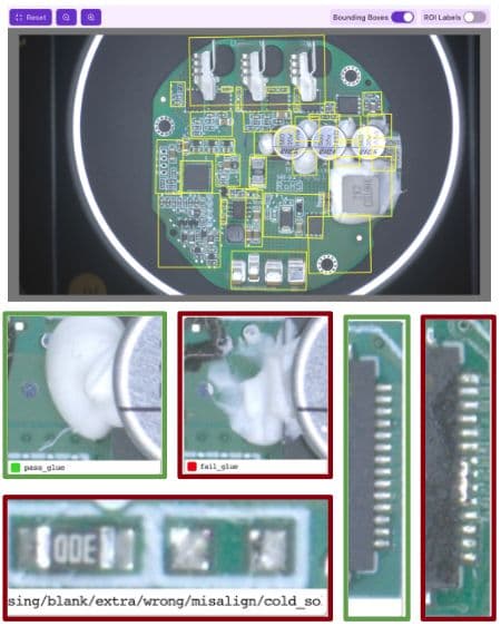 Multi-class AI inspection UI on a populated PCBA