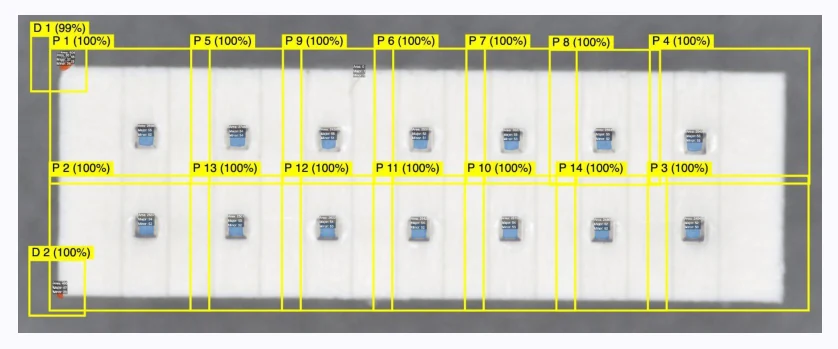 Connector with every inspection region drawn, reference points at the corners and a region on each pin top