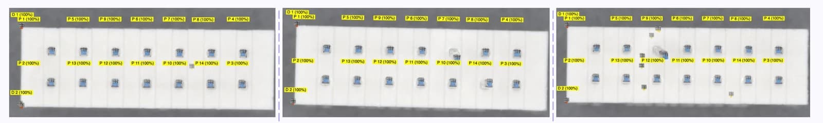 Three test captures side by side, each with the full per-pin measurement overlay