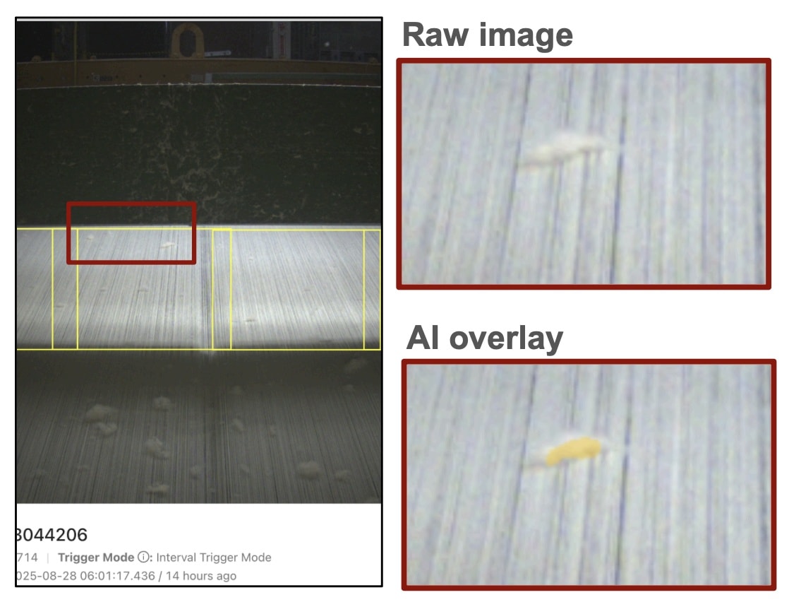 Yarn blob detected on a continuous textile web, raw capture beside the AI overlay marking the contaminant