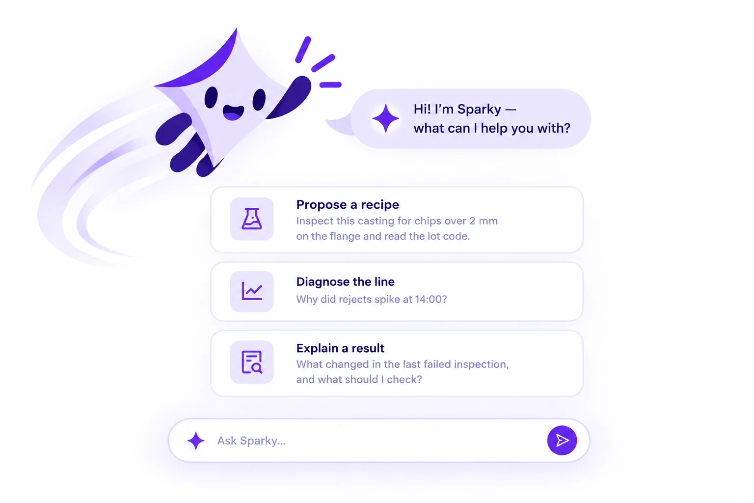 Sparky launch illustration: propose a recipe, diagnose the line, or explain an inspection result