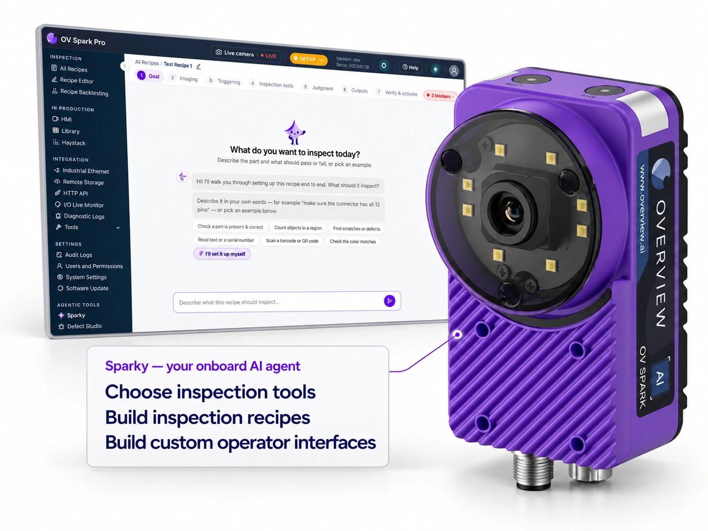 OV Spark product visualization with the Sparky software interface. Sparky is your onboard AI agent, helping choose inspection tools, build inspection recipes and build custom operator interfaces.