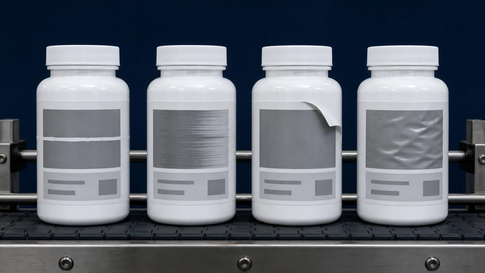 Four labelled bottles each showing a different print defect: ink void, smearing, lifted corner, and ribbon wrinkle