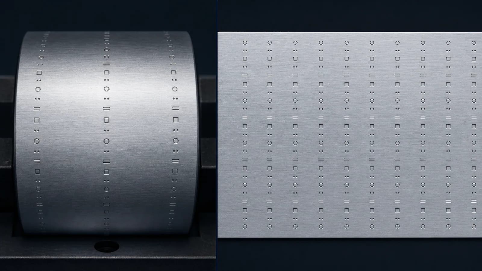 A cylindrical product as a single area-scan frame with edge distortion, then unwrapped flat by a line-scan camera
