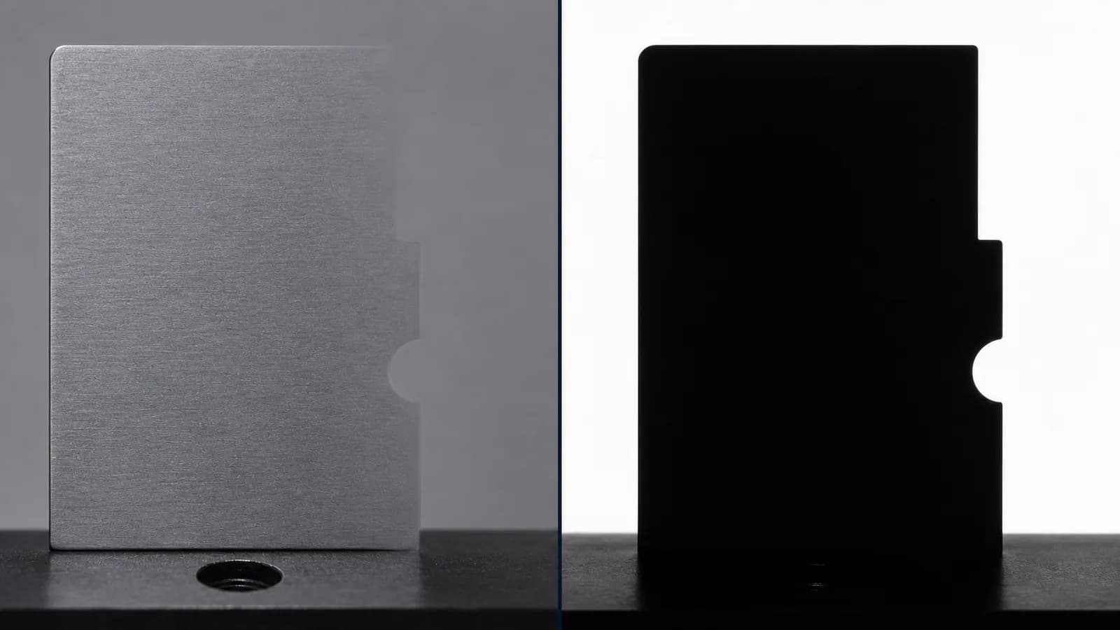 The same part front lit with an ambiguous edge, then backlit as a silhouette with a razor-sharp edge