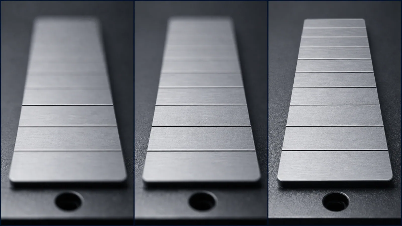 A stepped gauge receding from the camera at three apertures, the sharp band widening from left to right