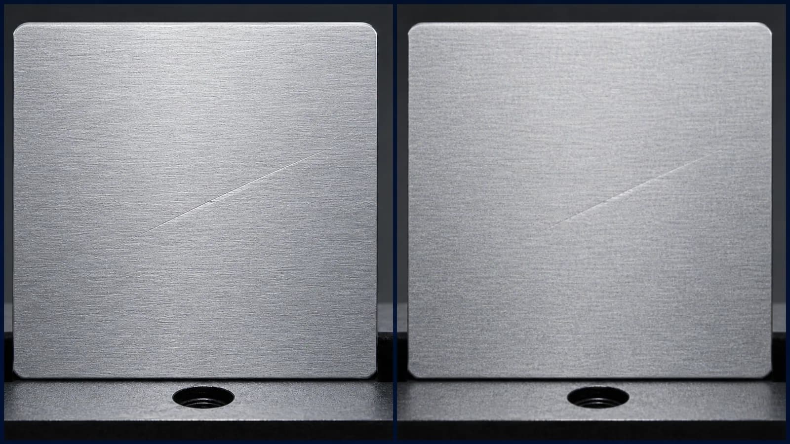 The same shallow surface defect captured in monochrome and in colour, the colour version visibly softer on the fine detail