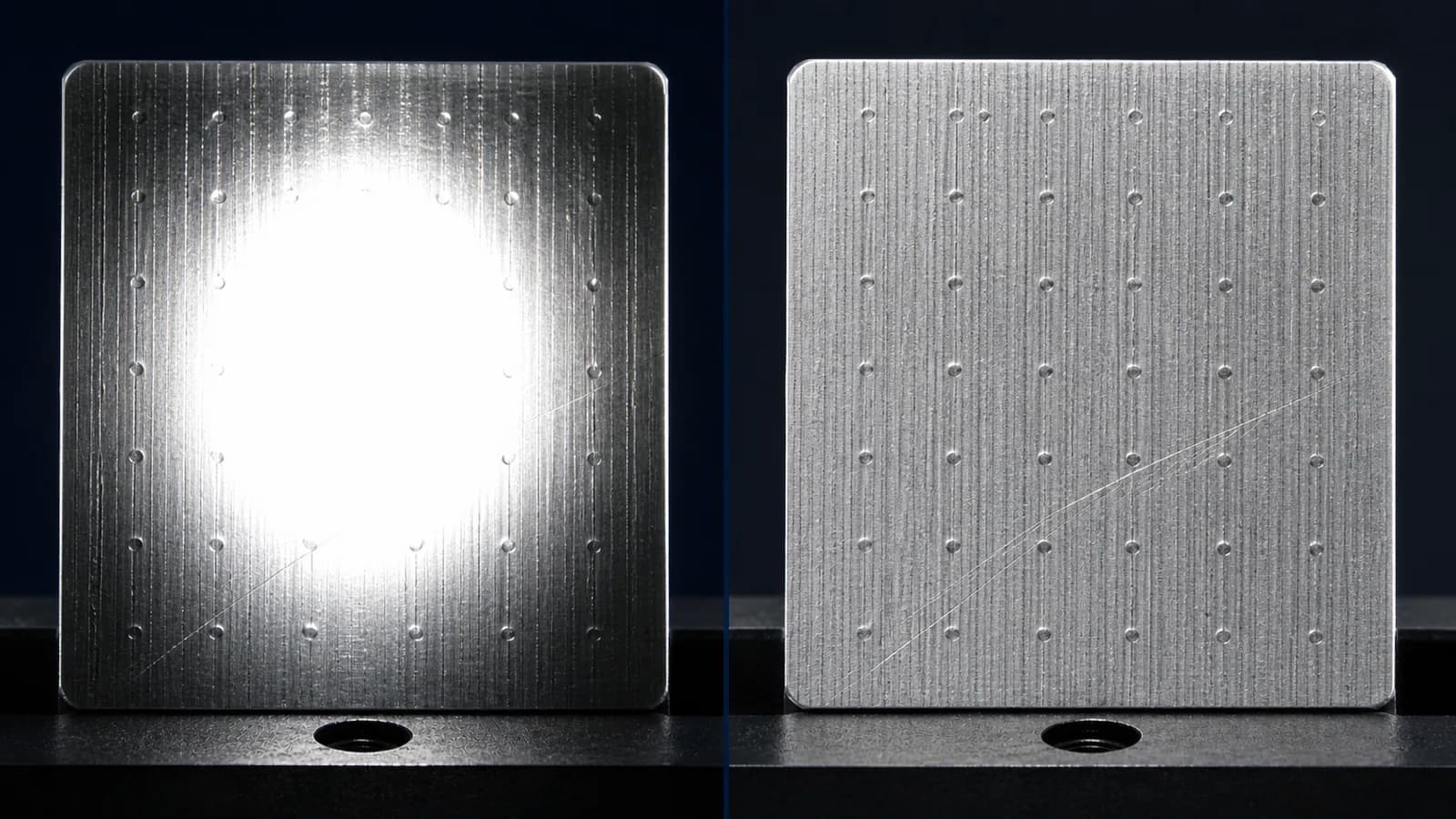 The same plated metal part under a hard point light with a blown-out highlight, then under diffuse light with the surface readable