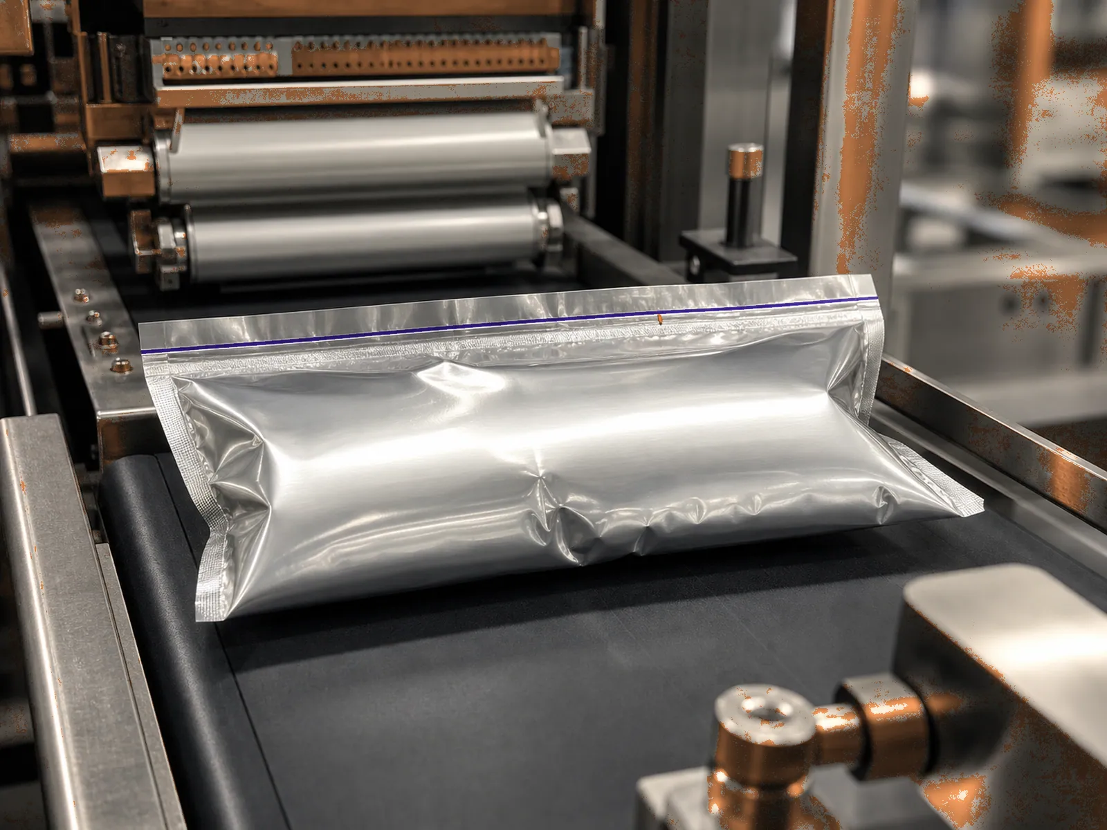 A sealed film pouch on a packaging conveyor with the seal band traced and a trapped particle marked