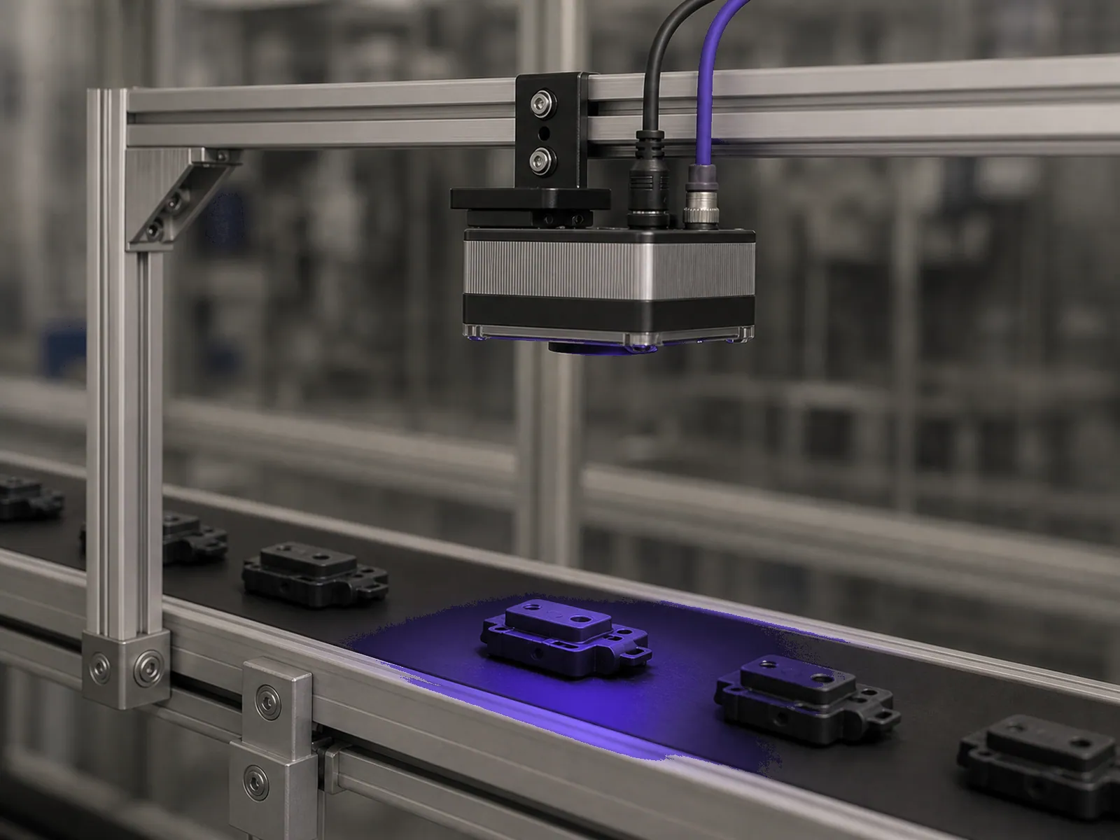 A single AI vision sensor mounted over a conveyor carrying moulded plastic parts