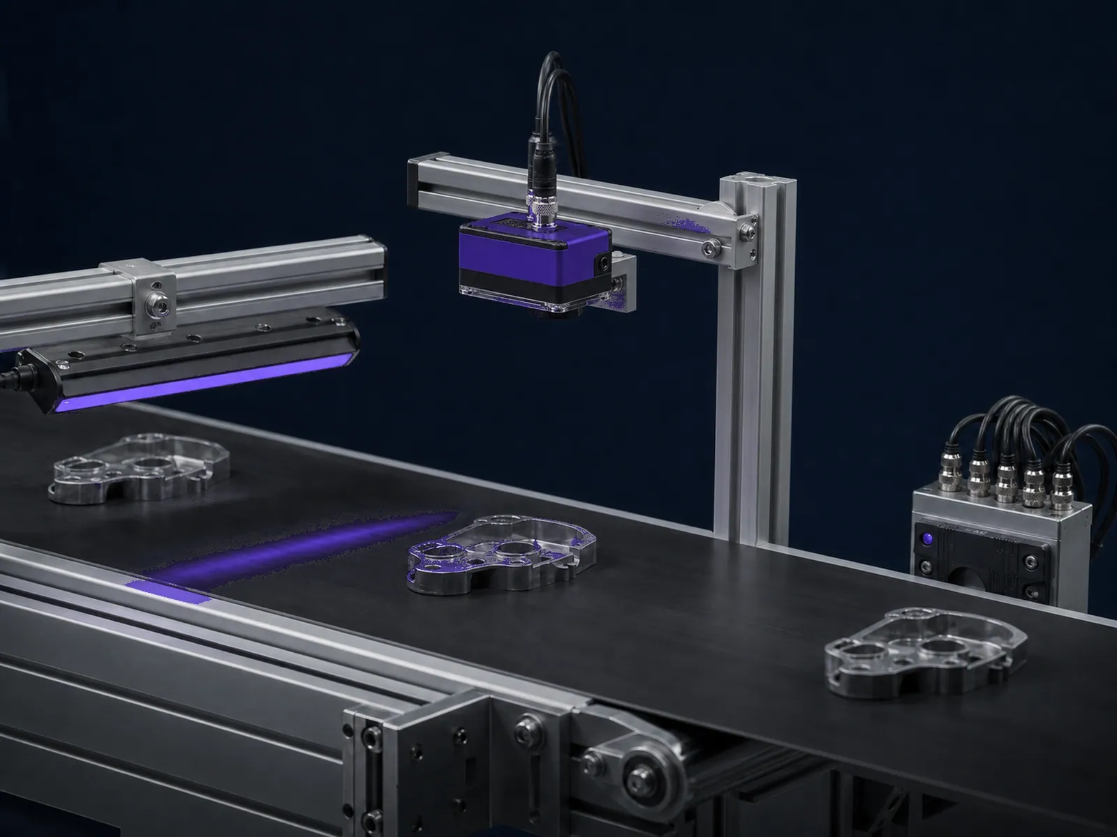 Machine vision station on a conveyor: controlled lighting, a smart camera, and an I/O block signalling the result
