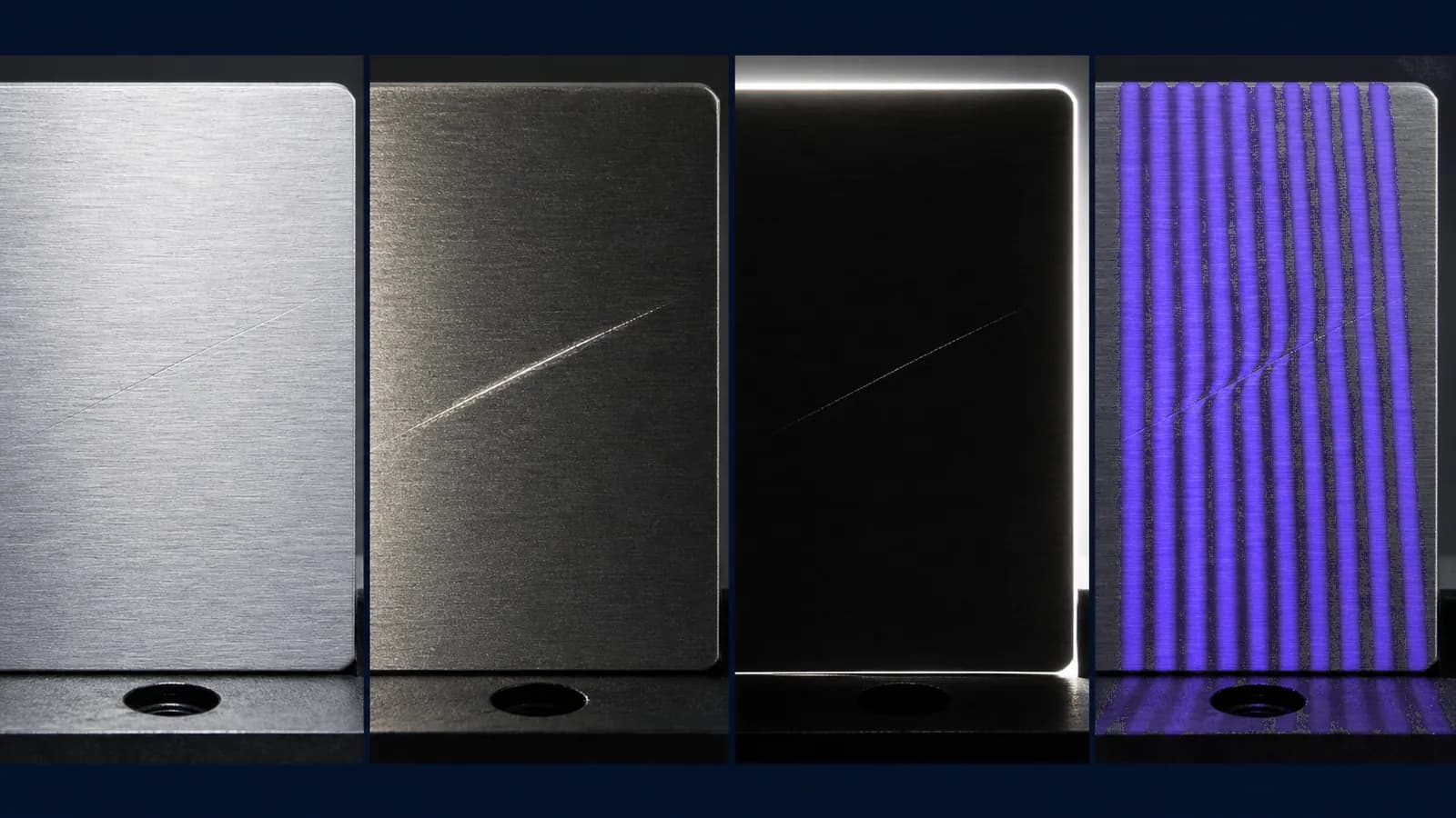 The same scratched aluminium plate under four lighting setups: flat frontal, low-angle, backlit, and structured light