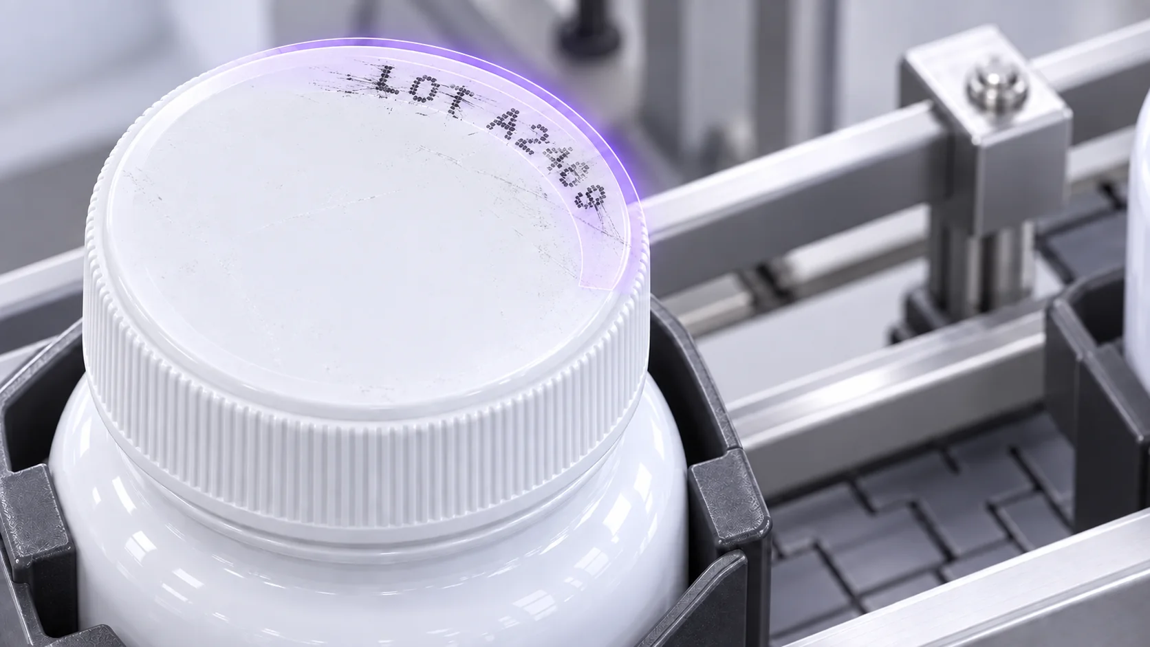 Scuffed bottle cap with faded dot-matrix text following a purple curved inspection region.