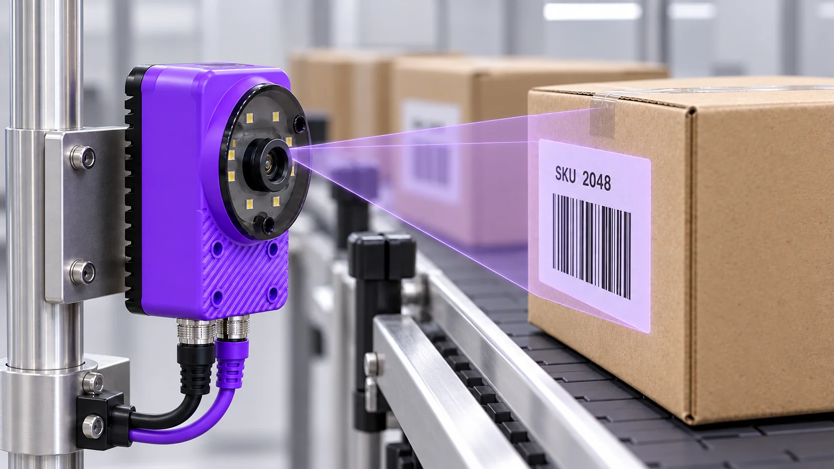 Spark camera mounted beside a conveyor carton, viewing its barcode label.