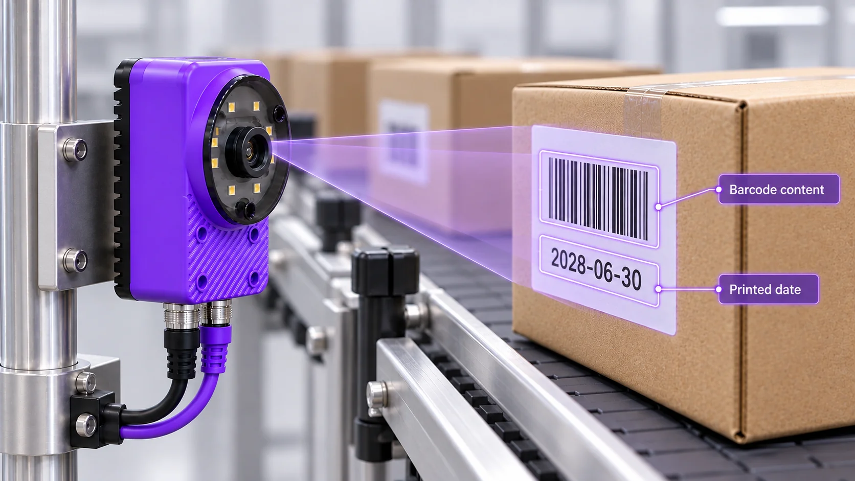Package label with separate purple regions labeled Barcode content and Printed date.