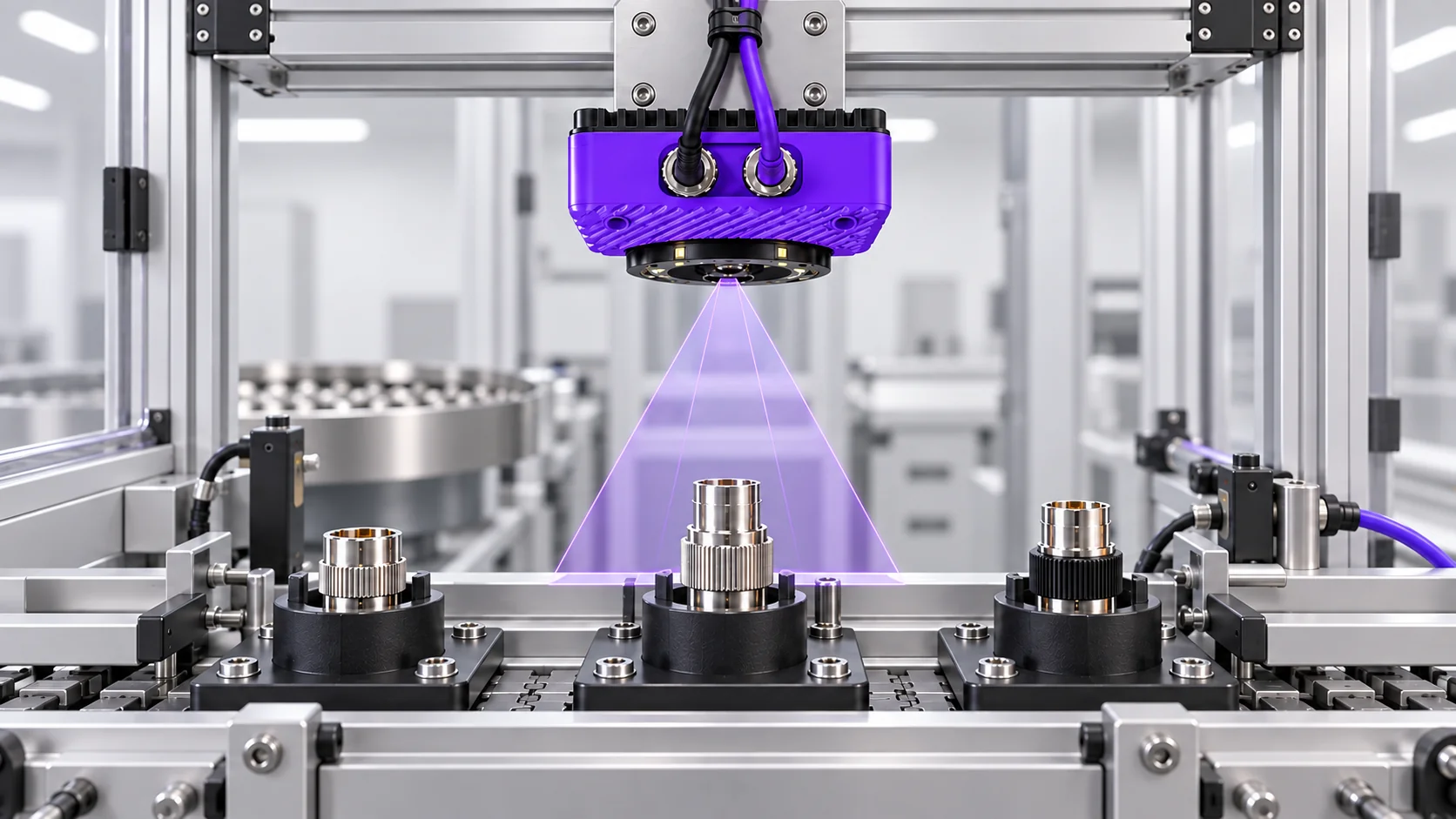 Spark camera above connector variants held in fitted nests on an indexed conveyor.