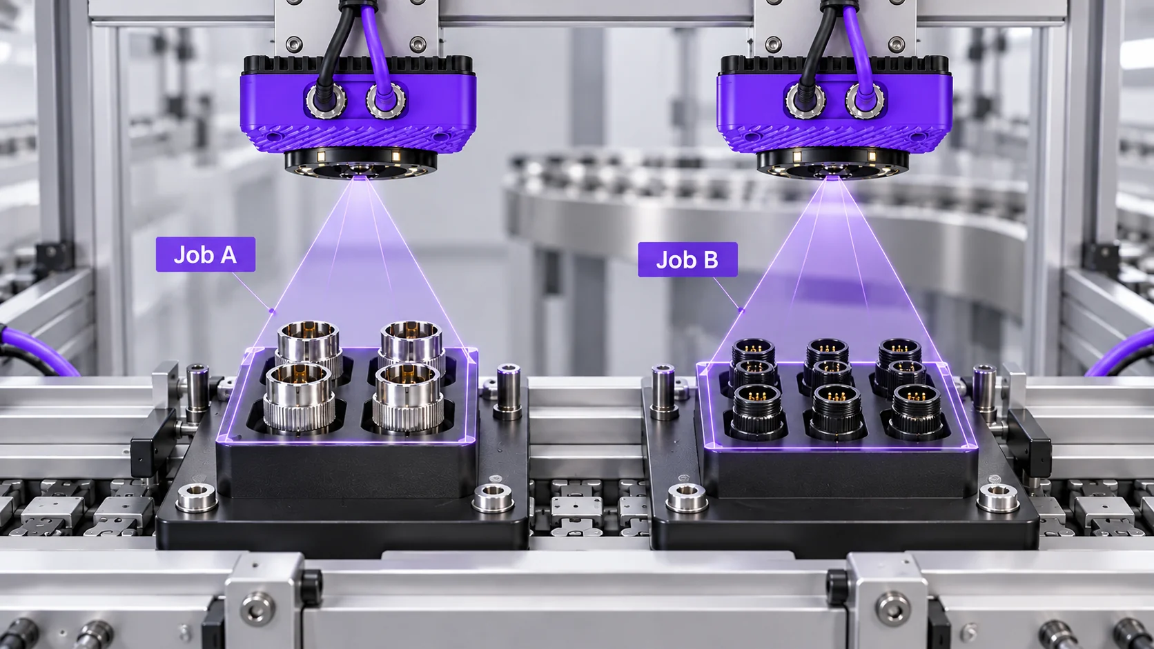 Two conveyor fixtures labeled Job A and Job B, holding different connector types and quantities.