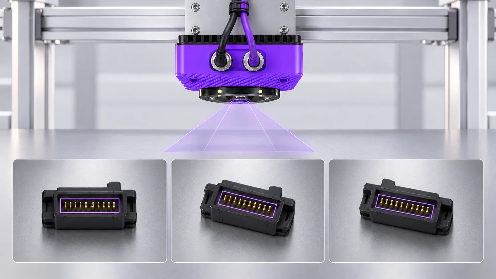 Spark camera above three views of a black connector at different angles, with inspection regions following its pins.