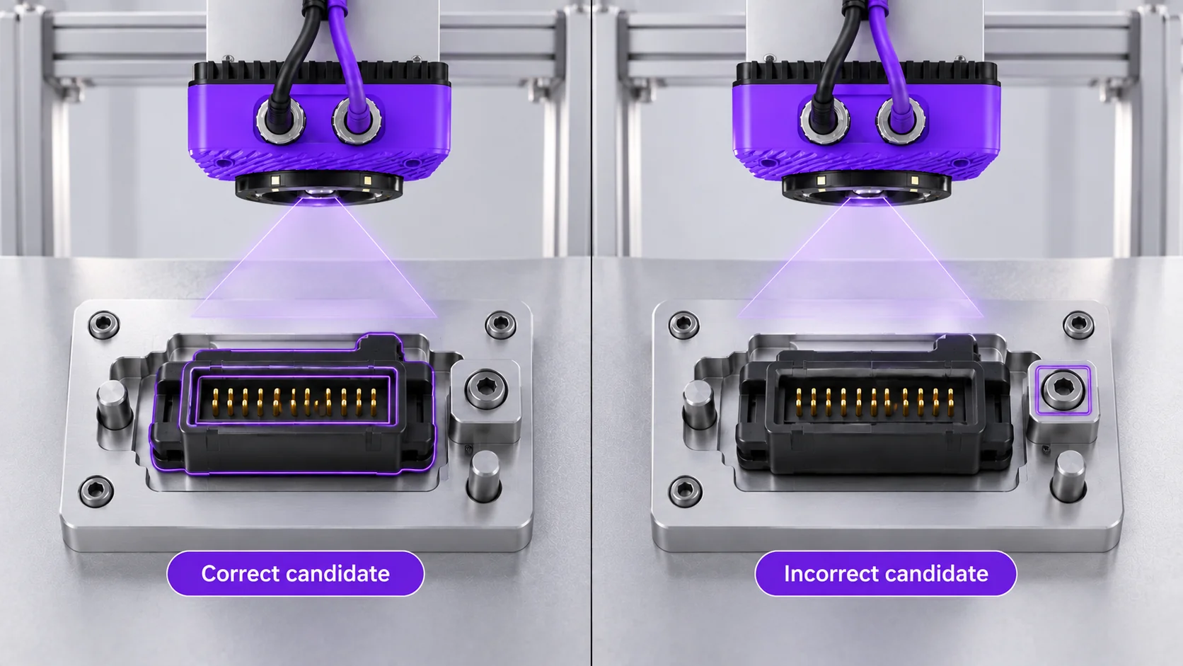Correct candidate outline surrounds the connector; incorrect candidate outline surrounds a nearby fixture screw.