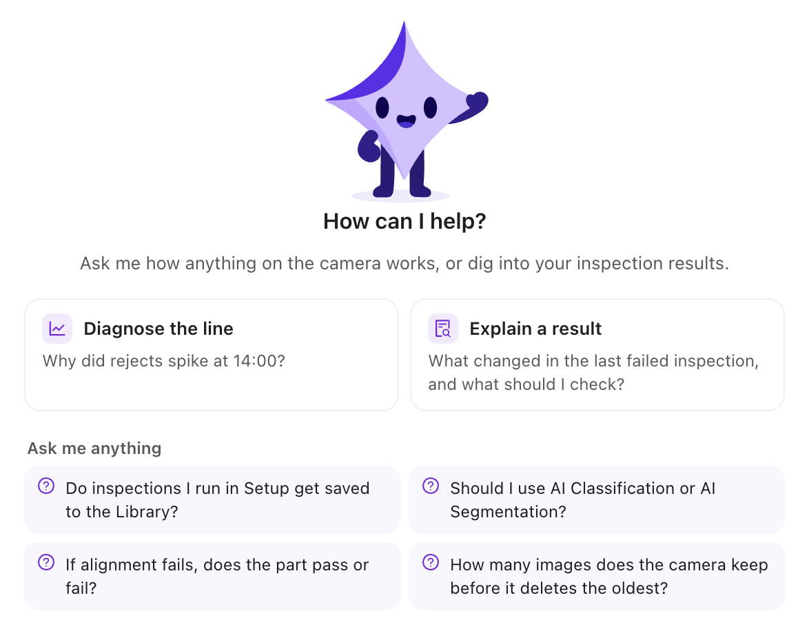 Sparky question screen with prompts about inspection results, tool selection and image storage.