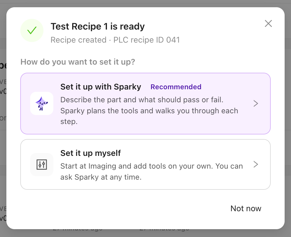 Recipe setup dialog offering guided setup with Sparky or manual setup.