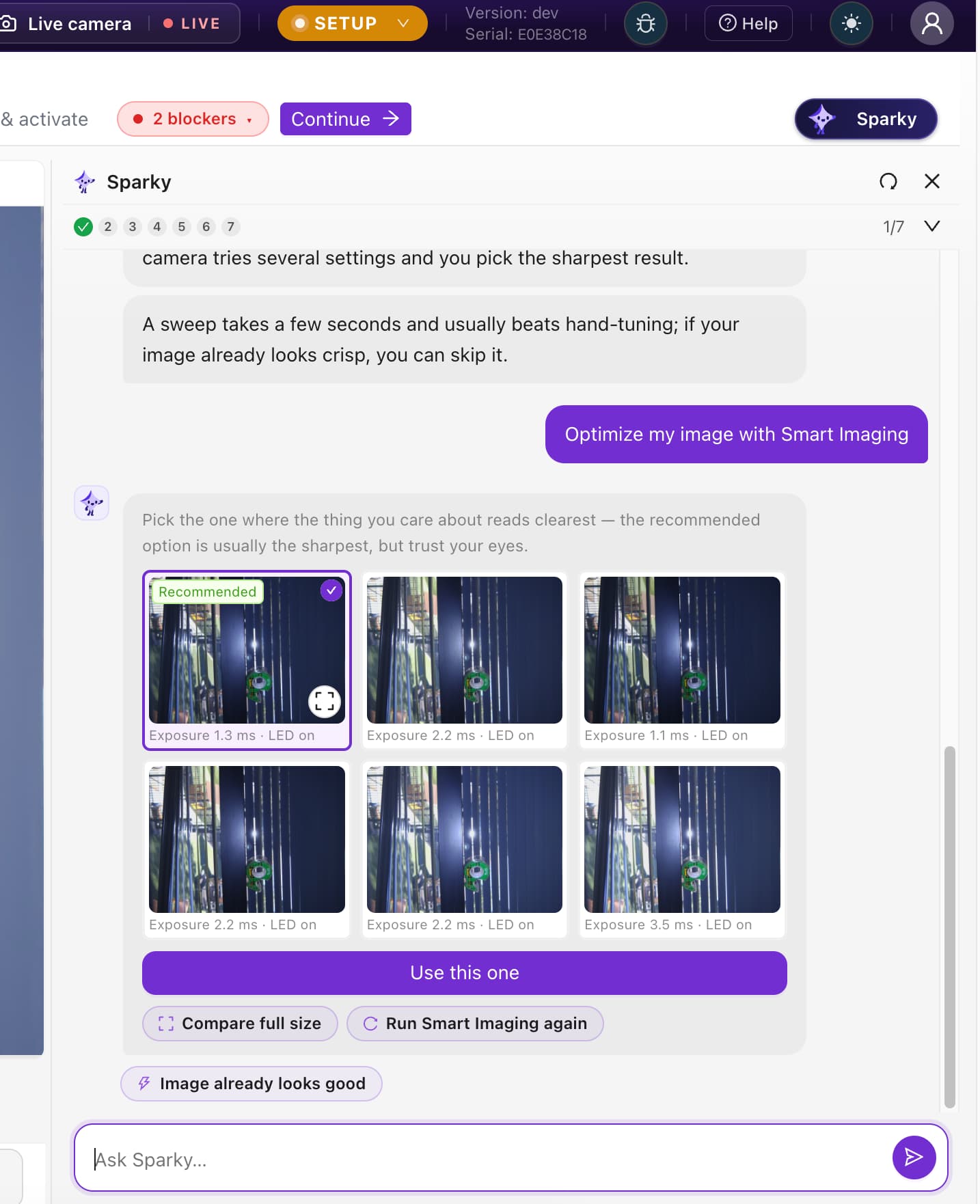 Sparky 智能成像显示六张拍摄的具有不同曝光设置的图像以及用于比较和选择图像的控件。