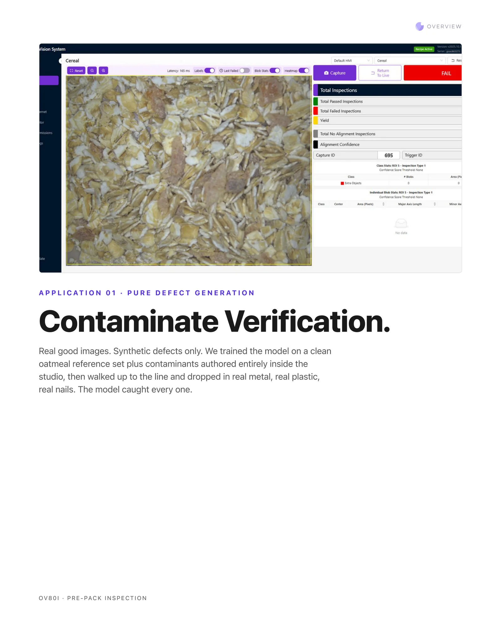 Application 01 title page. Contaminate Verification, pure defect generation, OV80i pre-pack inspection.