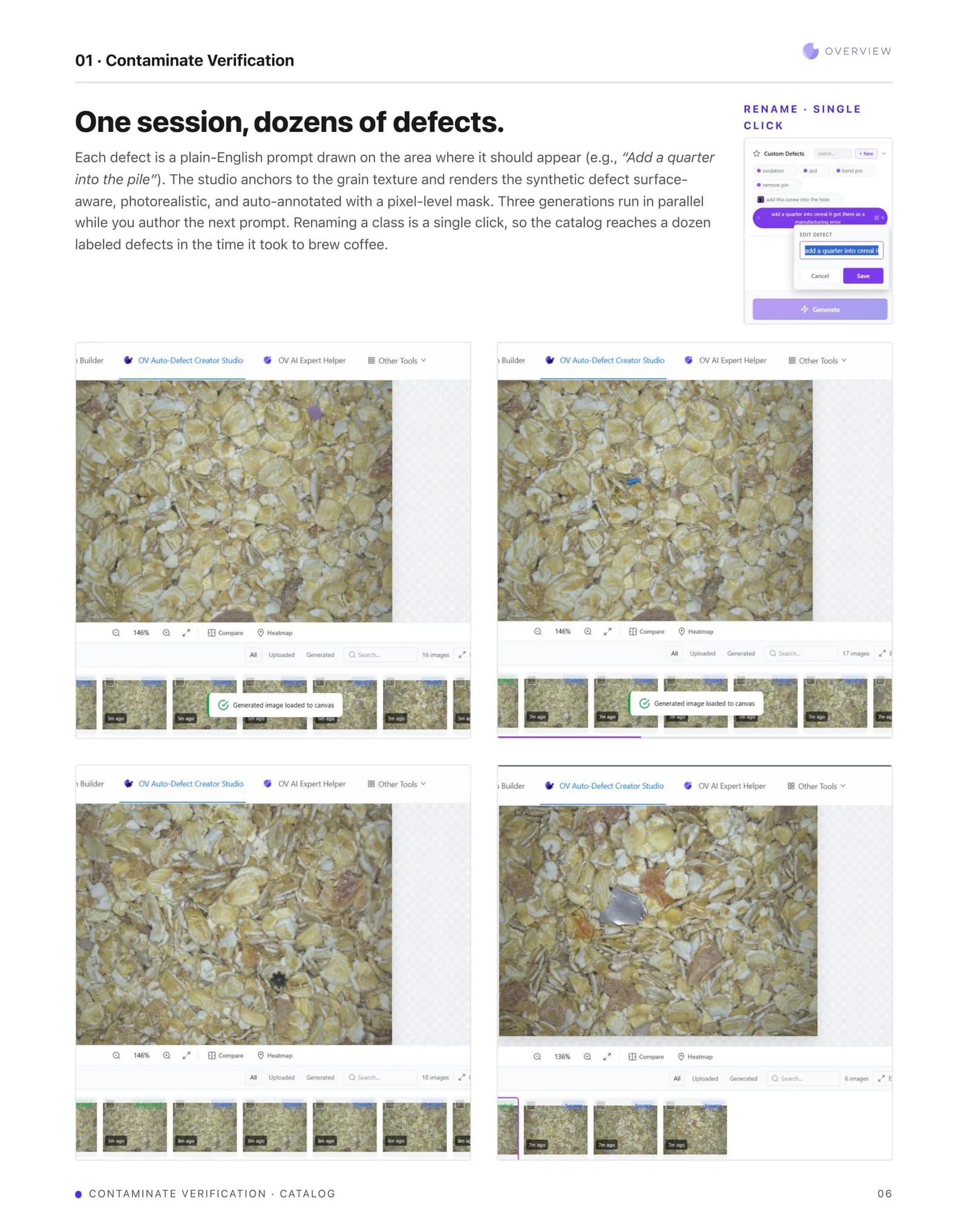 Authoring the defect catalog. The edit defect dialog with the prompt add a quarter into cereal.