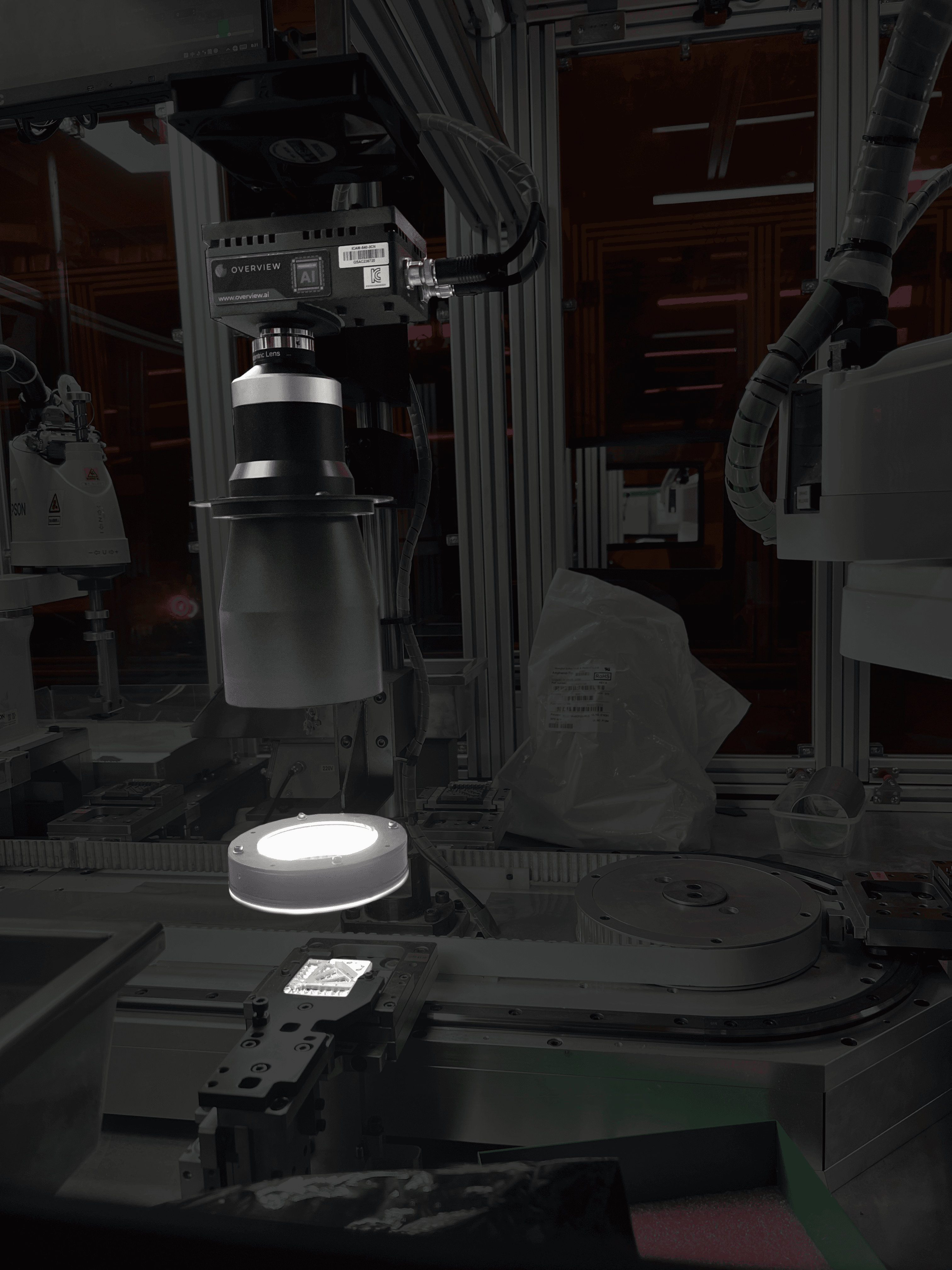 Manufacturing line with AI-powered vision inspection cameras
