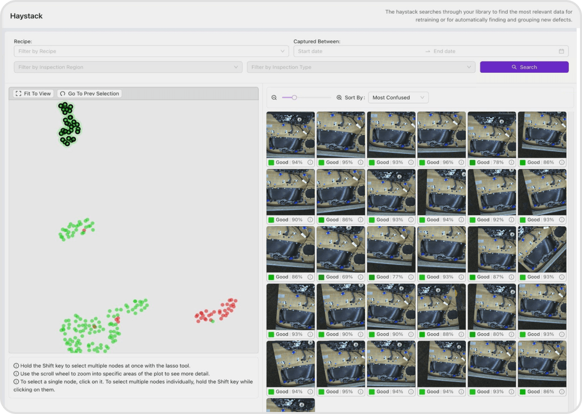 Haystack visualization showing AI model feature space and defect clustering for continuous improvement