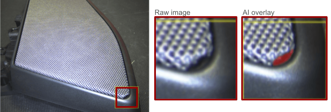 AI vision system detecting surface defects, scratches, cracks, and cosmetic imperfections on manufactured parts at production speeds