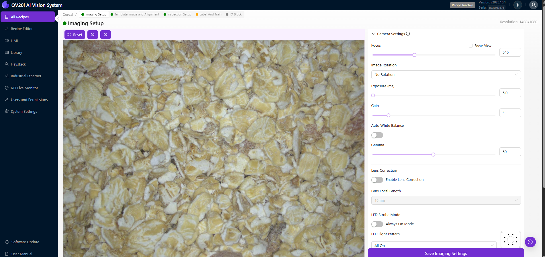 OV80i camera capturing a clean oatmeal pile on a pre-pack belt at production lighting